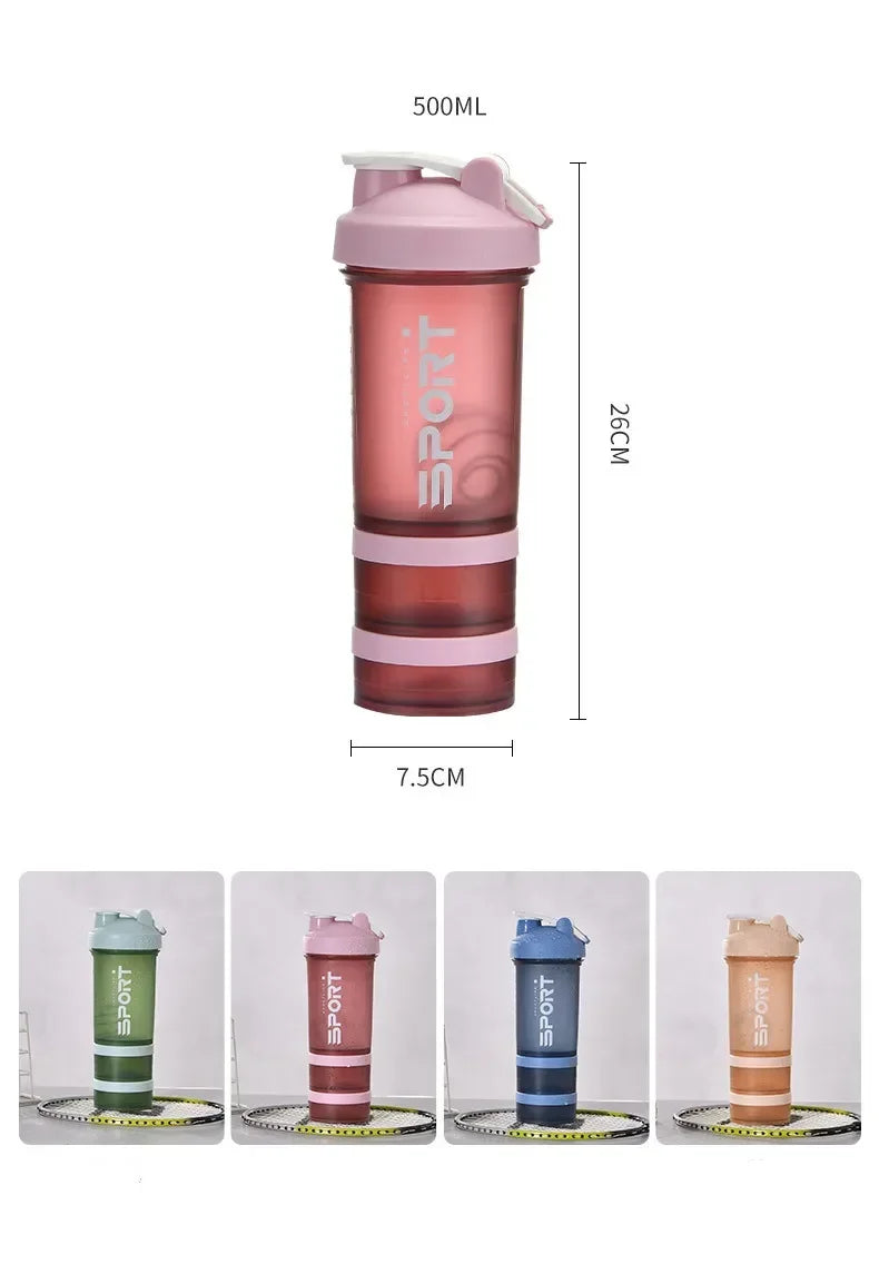 500ML 3-Layer Sports Water Protein Powder Shaker Bottle Outdoor Travel Portable Leakproof Drinkware Plastic Drink BPA Free