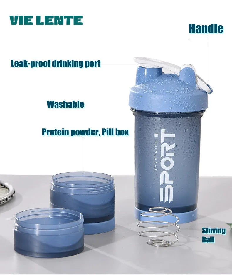 500ML 3-Layer Sports Water Protein Powder Shaker Bottle Outdoor Travel Portable Leakproof Drinkware Plastic Drink BPA Free